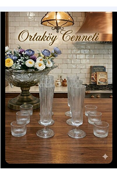 ORTAKÖY CENNETİ El Yapımı 12 Parça Valeria Çizgili Kahve Yanı Flüt Bardak Set...