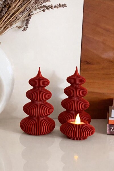 NureStore 3'lü set/ Modern 2'li Noel Ağacı ve Mumluk - LED Mum Uyumlu 15 cm