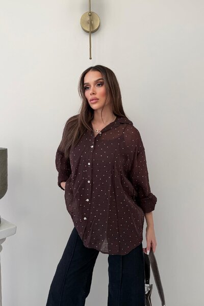 RB CLUB Brown Casual Chiffon Shirt with Stone Embellishment Detail