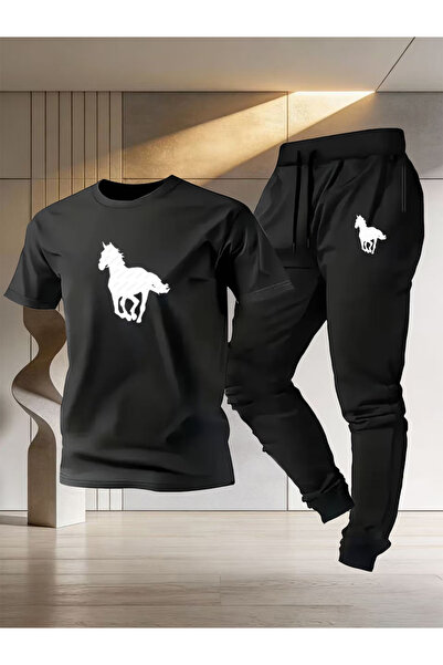 Rayan & Hoor Style Men's Black Balance Printed Tshirt Black Summer Tracksuit Set