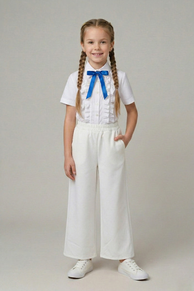 nacar çarşı قميص بناتي مزين بفيونكة أزرق بلون الكوبالت وبنطلون أبيض واسع السا...