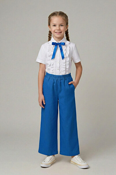 nacar çarşı قميص بناتي أزرق بلون الكوبالت مزين بفيونكة وحافة مكشكشة أزرق بلون...