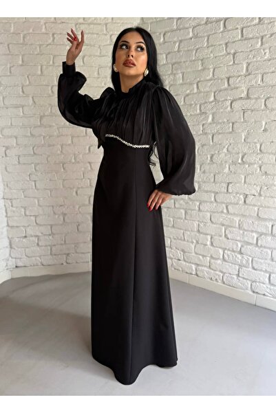 moneta boutique Juliet Collar Tie and Stone Detailed Hijab Evening Dress