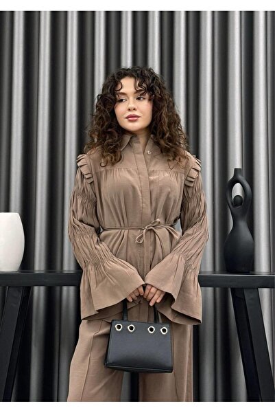 Cardella Serena Summer Tnsl Fabric Ruched Detail Shirt and Trouser Set – Belt...