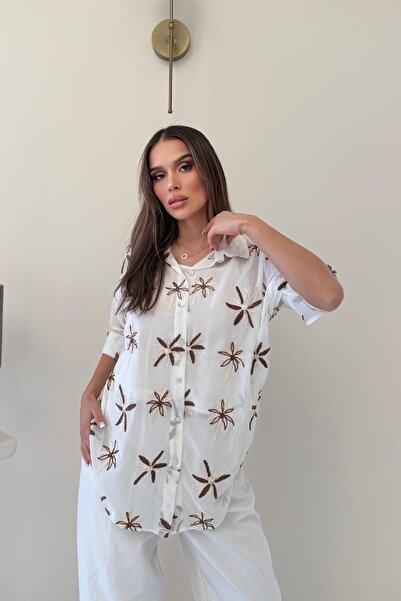 RB CLUB Λευκό πουκάμισο σιφόν με κεντημένα λουλούδια