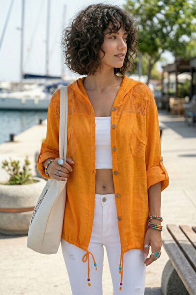 Chiccy Orange Long Sleeve Back Star Patterned Casual Jacket with Mesh Shoulde...