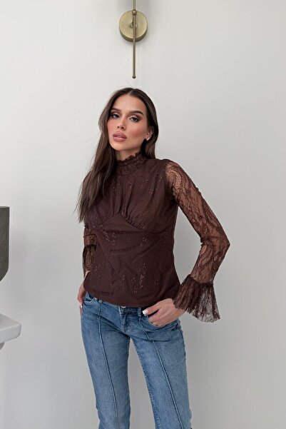 RB CLUB Bluză maro cu guler halter și detaliu tip pensă, pachet de dantelă