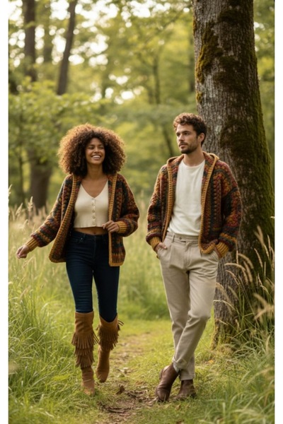 pun dore Batik Desen El Örgüsü Kapşonlu Kadın Hırka – Standart Beden Salaş Model