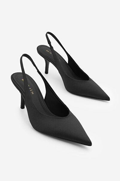 Marjin Kadın Stiletto Sivri Burun Arkası Açık Atkılı Kısa Topuklu Ayakkabı Do...