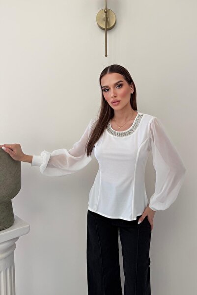 RB CLUB White Pearl Stone Detailed Sleeves Chiffon Blouse