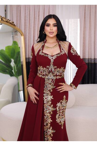 NHMODA Tulle Collar Long Sleeve Embroidered Evening Dress