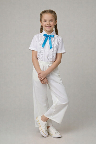 FATELLA Tirkizna košulja sa mašnom i volanima za devojčice, široke bele panta...