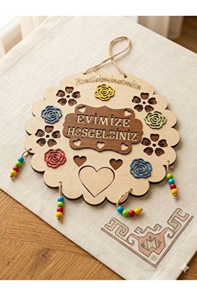 Bereket Taş Baskı Ahşap Lazer Kesim Kelebek Figürlü Evimize Hoş Geldiniz Kapı...