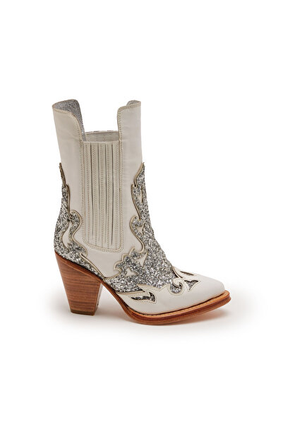 CANES AYAKKABI Çocuk Beyaz Deri & Gümüş Simli Western Bot