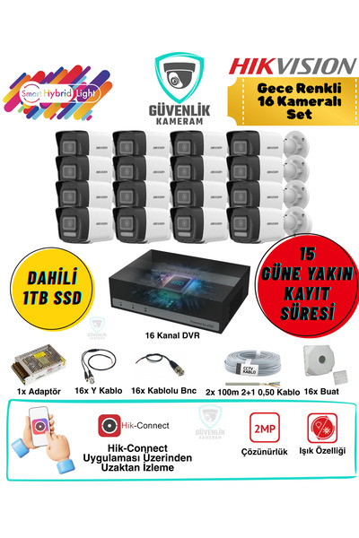 Hikvision Gece Renkli 16 Kameralı AHD Güvenlik Seti 2MP 1TB Dahili SSD 16 Kan...