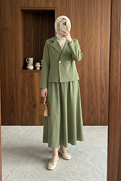MODAQU Elegant Double-Breasted Blazer Jacket Skirt Double Crepe Set – Çağla Y...