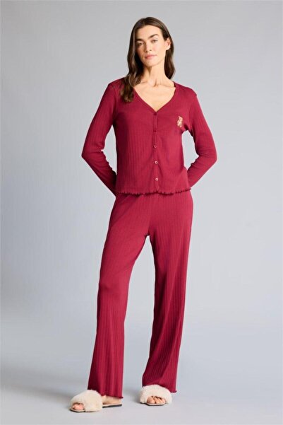 DeFacto Pajama Set Regular Fit Pointel Fabric Long Sleeve Top Long Bottom (26...