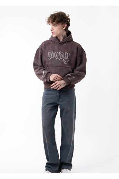 Nakışlı Kahverengi Yıkamalı Kumaş Sweatshirt