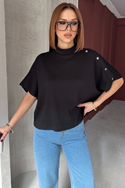 queencity Γυναικεία μπλούζα με ψηλό γιακά και λεπτομέρεια με κουμπιά, oversized