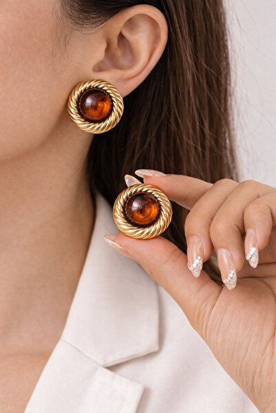 POYASE Gold Twisted Frame Amber Stone Earrings 3 cm Vintage Model