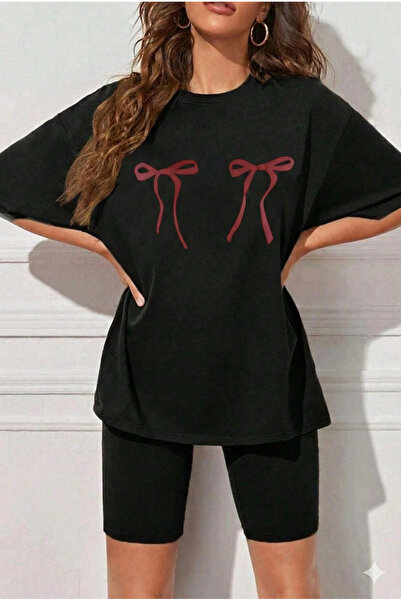 WOODROFFE Women's Bowknot Printed Oversized T-Shirt Leggings Set Loose Combin...