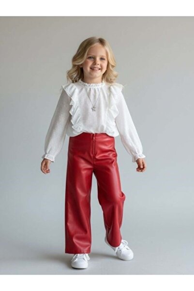 Zekids Girl's High Waist Zippered Wide-Leg Red Leather Pants