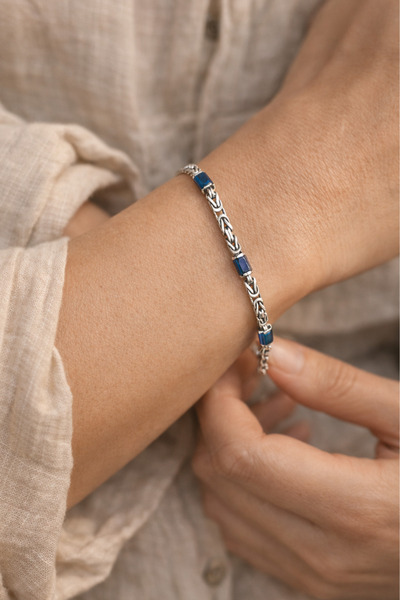 Ricco Jewellery 925 Ayar Gümüş Old Money Safir Taşlı Kral Bileklik