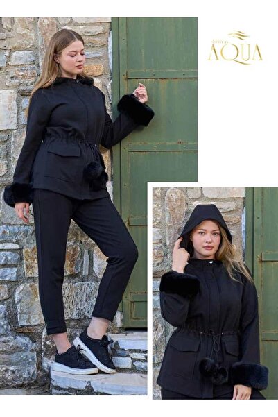 Aqua 26132 Black Pompom Sleeves with Feathers Hooded Slim Leg Sweatpants Set