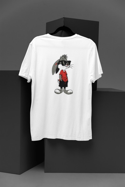 MG تي شيرت قطني مطبوع عليه شخصية كرتونية على شكل أرنب، مقاس قطن فيرسايز، بأكم...