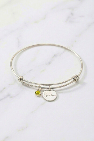 sezni Kişiye Özel İsimli Disk ve Doğum Taşı Minimal Gümüş Bileklik