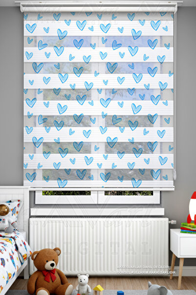 Avart Digital Çocuk Odası Mavi Şirin Kalpler Desenli Zebra Perde - Dijital Ba...
