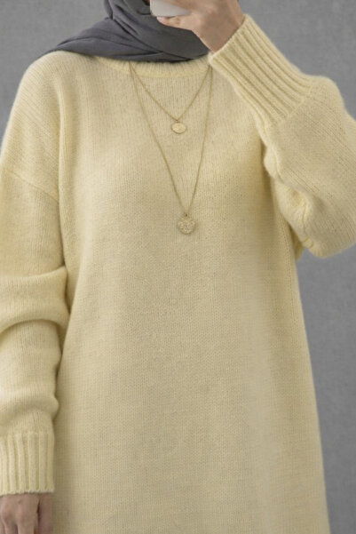 ModaAzen Yellow Crew Neck Oversized Women's Knitwear Tunic