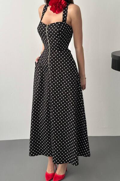 Caddebostan Moda Polka Dot Li Square Neck Zip Detail Backless Midi Length Sum...
