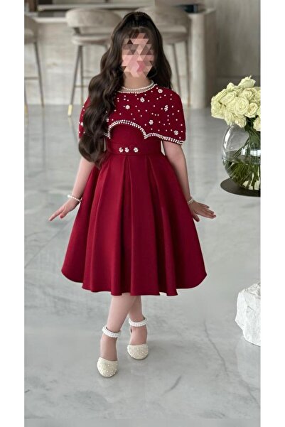 zelia فستان أحمر فاخر للبنات مزين بتفاصيل من اللؤلؤ
