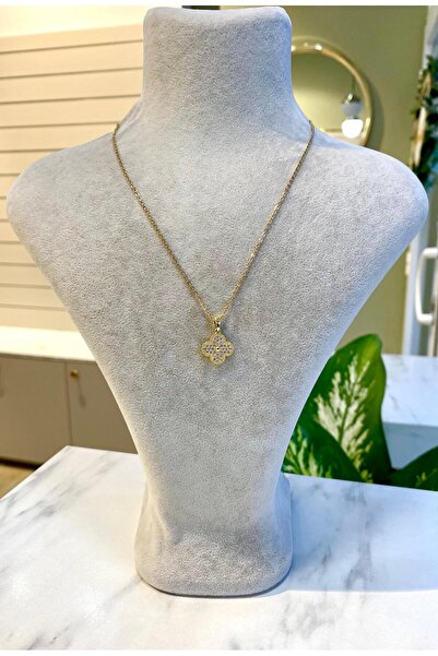 Lilyum Aksesuar Zirkon Taşlı Yonca Model Çelik Zincir Kolye