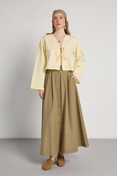 minaaise Fusta lungă de damă kaki cu nasturi talie înaltă 31033