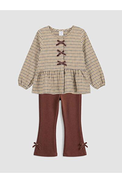 LC Waikiki Lcw Kids Brown Bow Detail Girl's Shirt and Leggings