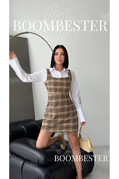 BoomBester Women's Plaid Strap Shirt Detailed Mini Dress