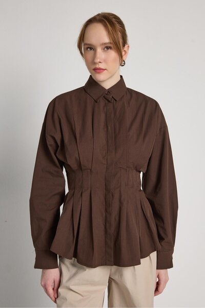 minaaise Women's Brown Waist Detailed Classic Shirt 31002
