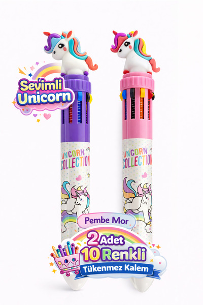 Unicorn 10 Renk Tükenmez Kalem 2'li Set - Pembe Mor