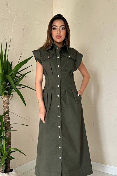 Caddebostan Moda Rochie mini cu mâneci lungime midi din țesătură cu nasturi c...