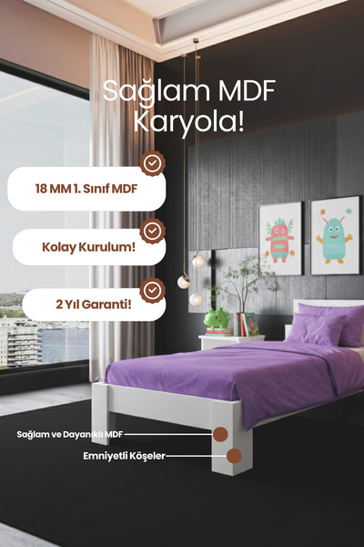 RENAZZO Lotus MDF Tek Kişilik Modern Karyola - 1. Sınıf 18 mm MDF Kademeli Ba...