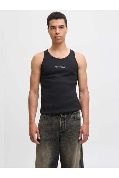 Jack & Jones Jornorrebro Rıb Tank Top Μαύρο Ανδρικό Αμάνικο T-shirt 12284156