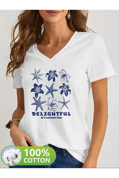 H&GHAMLEGİYİM με τύπωμα T-shirt, κοντομάνικο με λαιμόκοψη σε σχήμα V, καθημερ...