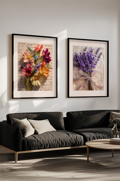 STARYUNA Black Wooden Framed Vintage Flower and Lavender Double Painting Set ...