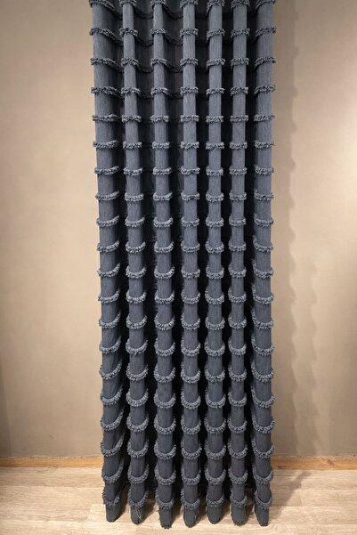 PerdeBurada Dessert Şeritli PonPon Fon Perde/Keten Zeminli/1x3 Sık Pileli / T...