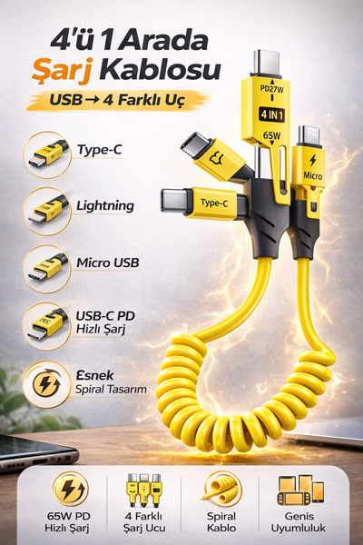 Trendhane cl160 4in1 PD 65 Watt Type-C/27 Watt iPhone Kırılmaz Uç 1 Metre Hız...