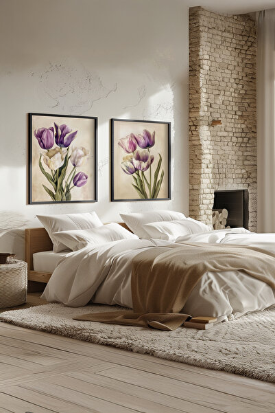 STARYUNA Black Wooden Framed Lilac and White Tulip Double Painting Set Yuna577