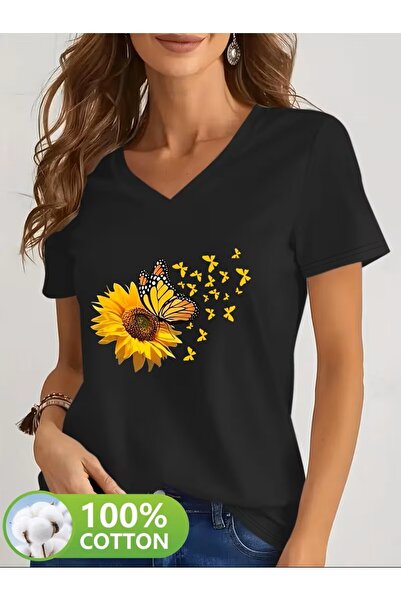 yombaa Printed T-Shirt, Short Sleeve V-Neck Summer & Spring Casual Top, Women...