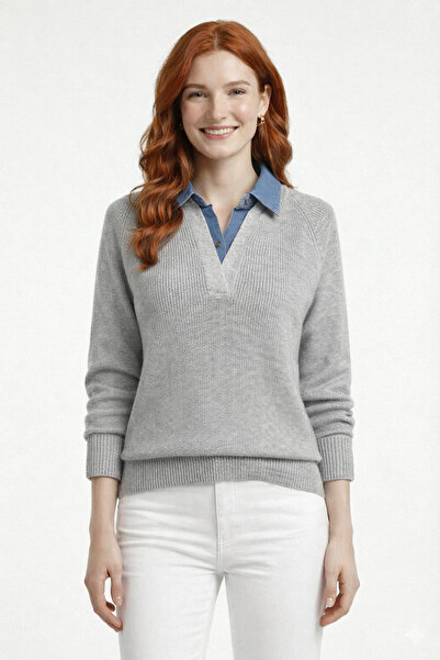 Neden Tekstil Denim Shirt Collar Detailed V-Neck Gray Knitwear Sweater